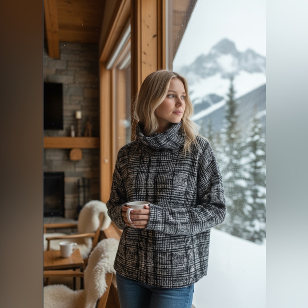 Luxurious Columbia Plaid Turtleneck Sweater - Black and Gray